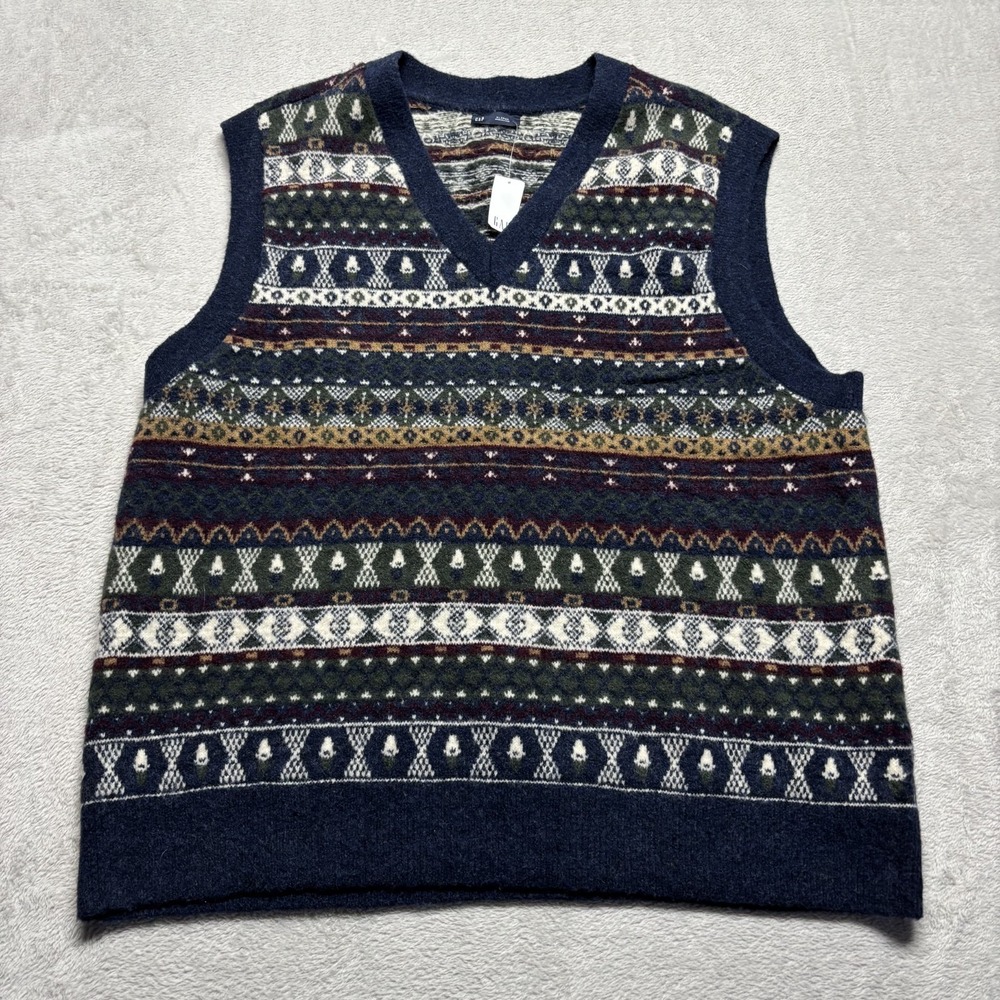 NWT GAP Fair Isle Sweater Vest Mens XL Nordic Winter Pullover Blue Grandpa‎